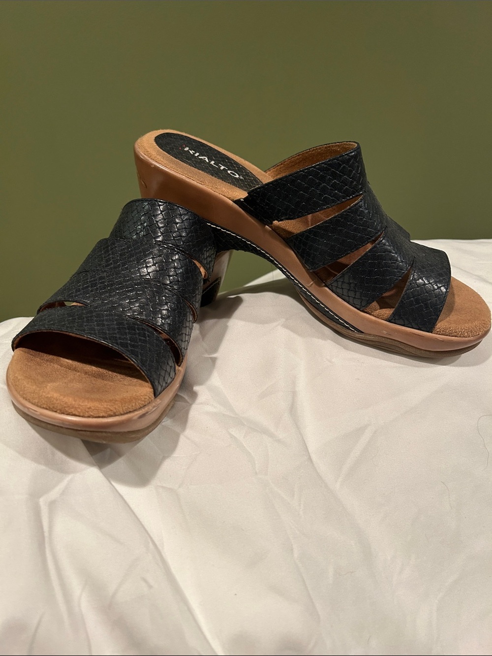 Rialto Black Textured Slide Mules with Tan Footbed